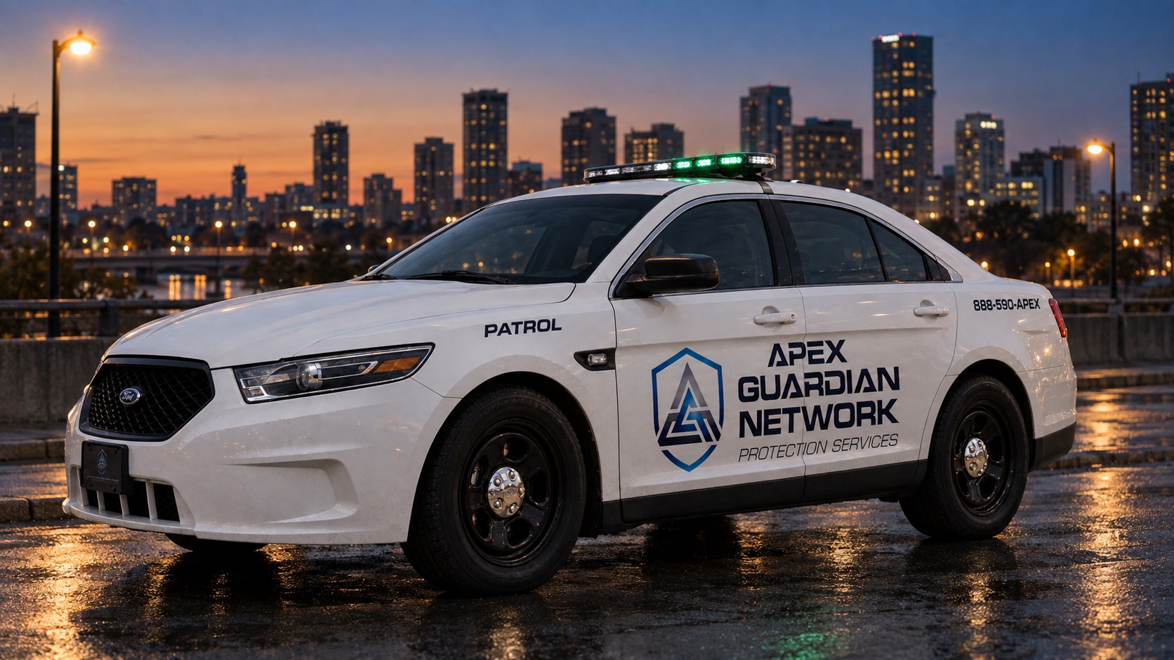 Apex Guardian Network branded patrol vehicle parked on a city street at dusk, with navy and blue shield decals and roof-mounted emergency lights glowing against the skyline