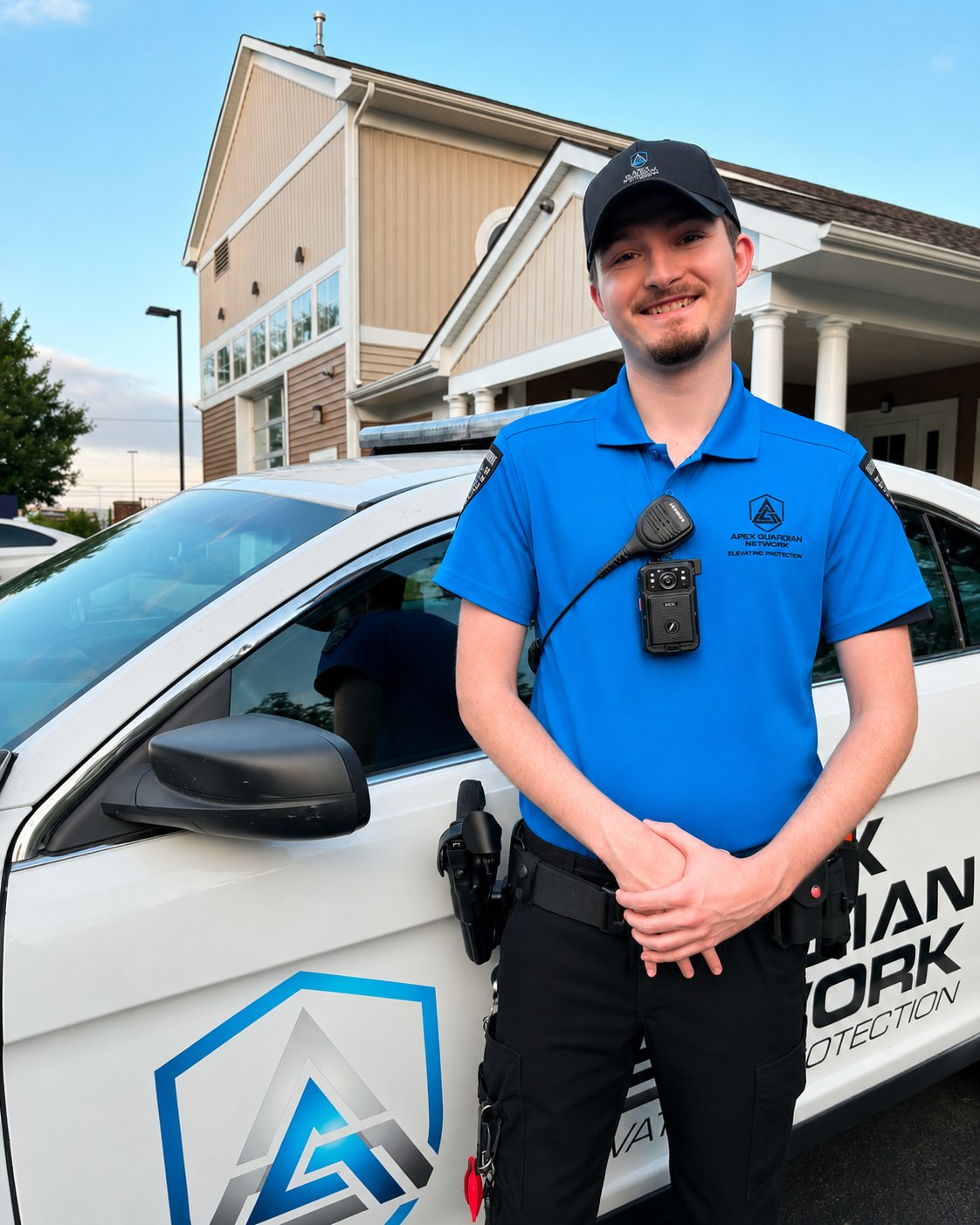 Uniformed AGN protection officer wearing a body camera and duty belt, standing beside the branded patrol car outside an apartment community at golden hour