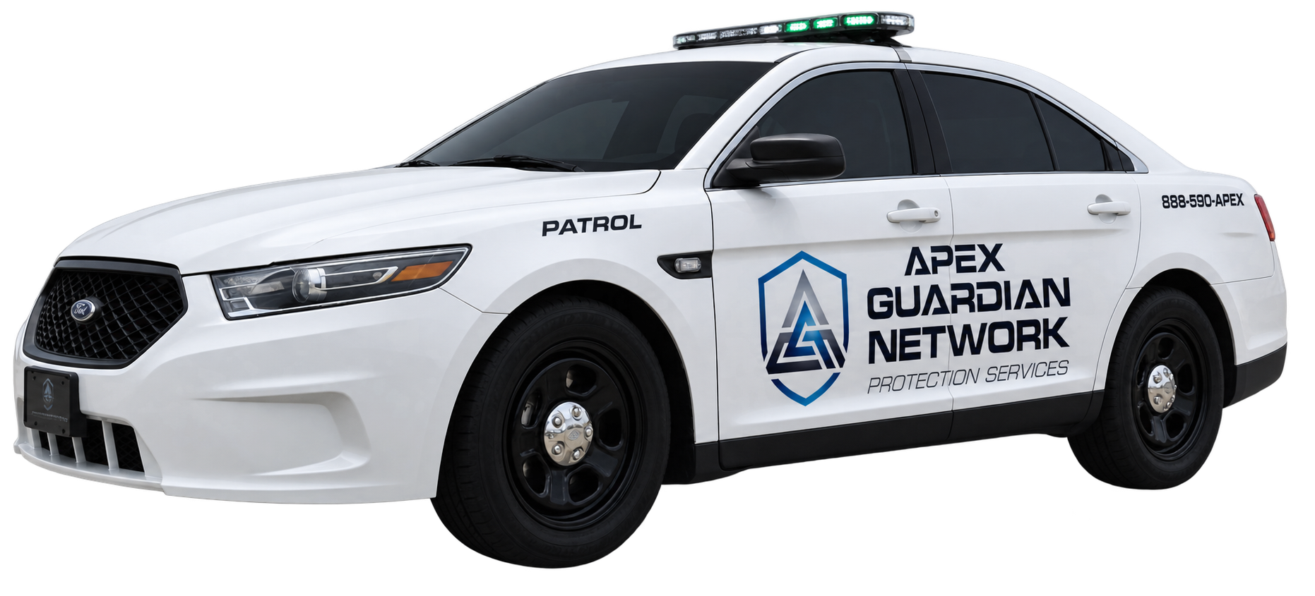 Apex Guardian Network branded patrol vehicle, a white sedan with navy and blue shield decals and roof-mounted emergency lights